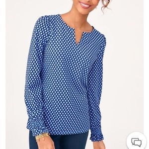 Talbots Long Sleeve Blouse Trellis Print Blue Smocked Cuff Top Split Neck Large